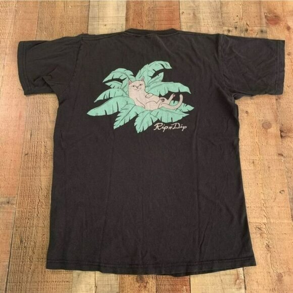 RipNDip unisex black short sleeve shirt with cat in pocket and palm tree -S - Picture 7 of 9
